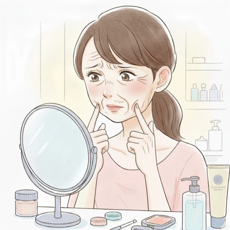 シワ・たるみで悩む人のイメージ図