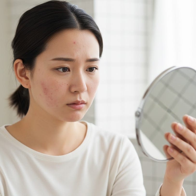ニキビ跡で悩んで鏡を見ている女性イメージ写真