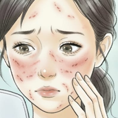 ニキビ跡・毛穴の開きで悩む女性イメージイラスト