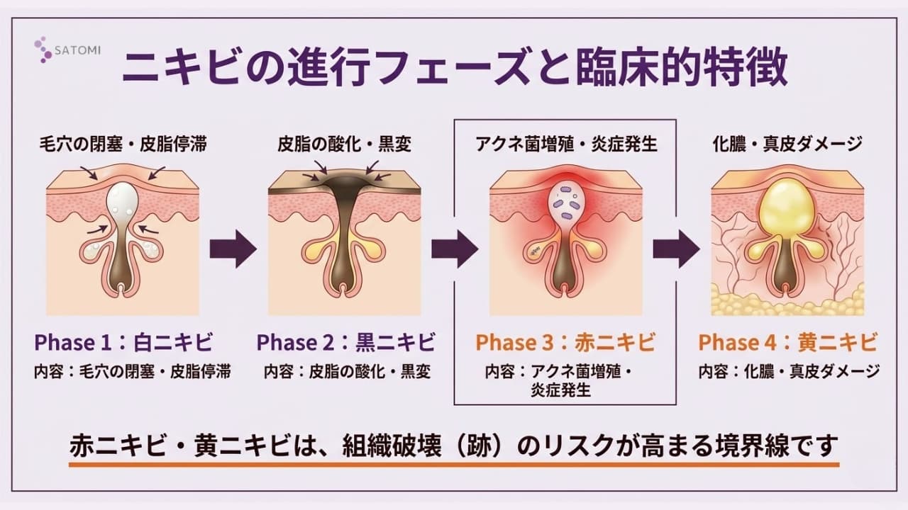 皮膚科専門医監修：ニキビの進行段階（白・黒・赤・黄）と各フェーズにおける皮膚内部の状態・炎症リスクの図解