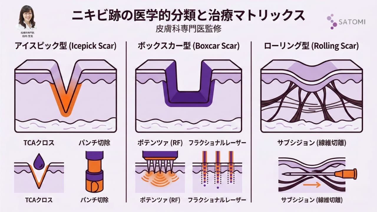 ニキビ跡クレーターの形状別分類と医学的治療アプローチの比較表