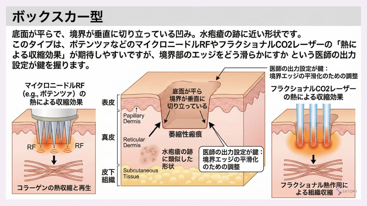 ボックスカー型クレーターの垂直陥没構造とポテンツァ・レーザー治療の原理図