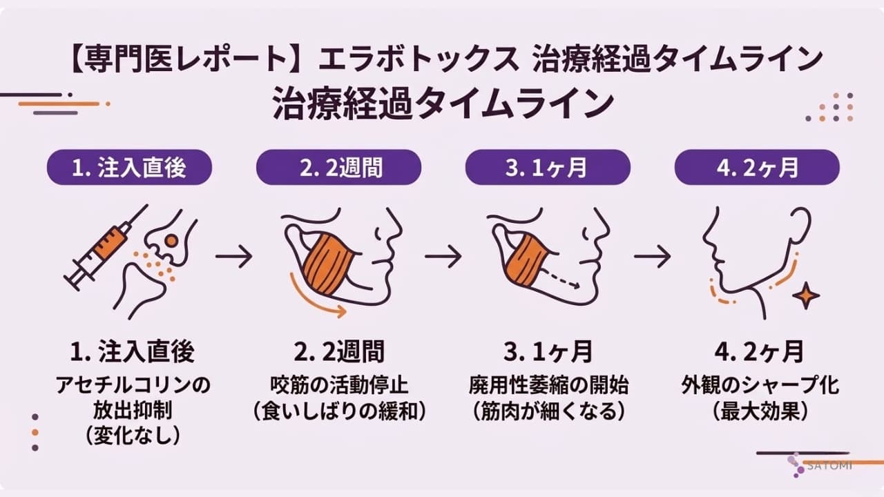 エラボトックス注入後の咬筋が萎縮し小顔効果が現れるまでの医学的タイムライン図解