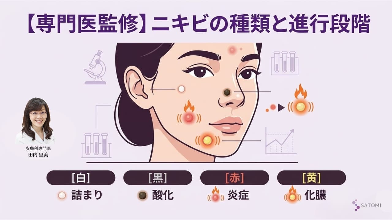 【皮膚科専門医監修】ニキビの種類と進行段階（白・黒・赤・黄ニキビ）のイラスト図解：各フェーズの臨床的特徴と見分け方を視覚化。