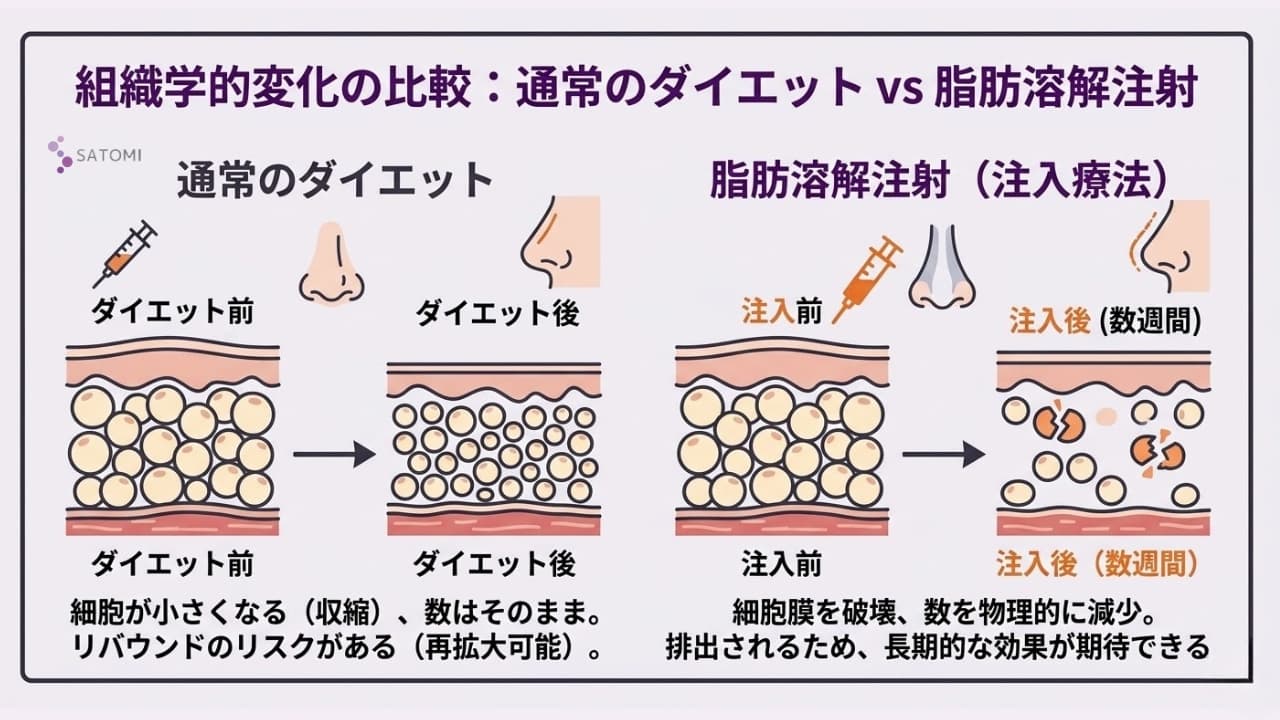 生活習慣による減量と脂肪溶解注射による組織学的変化の比較図