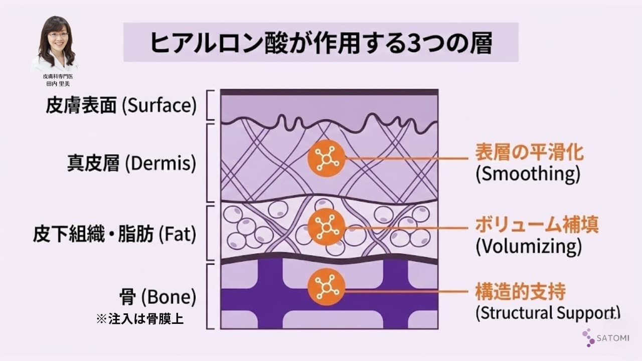 ヒアルロン酸注入の作用層別メカニズム（骨膜上・皮下・真皮）と3つの解剖学的効果（構造的支持・ボリューム補填・表層平滑化）の模式図｜皮膚科専門医監修レポート