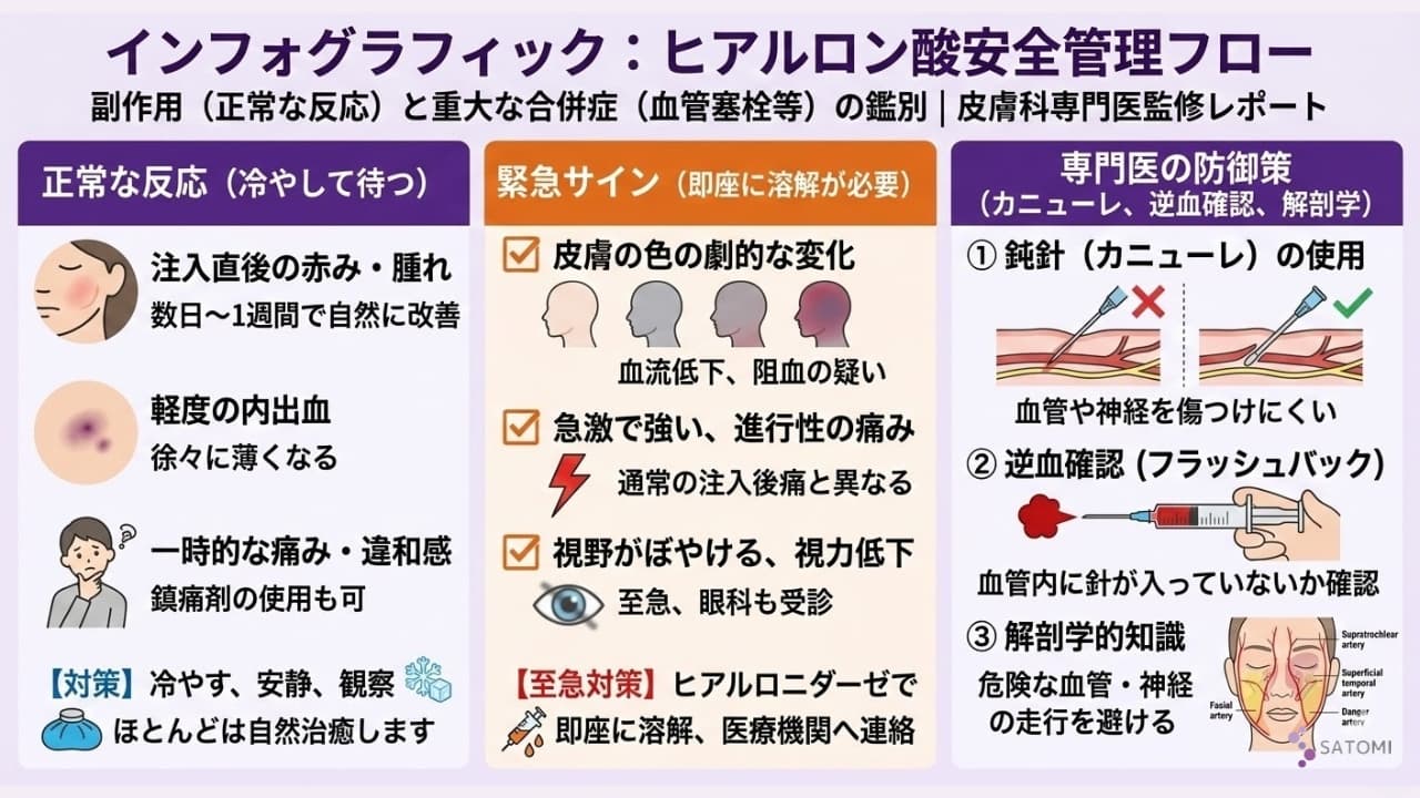 ヒアルロン酸注入の副作用（正常な反応）と重大な合併症（血管塞栓等）の鑑別診断フローチャート｜皮膚科専門医監修レポート