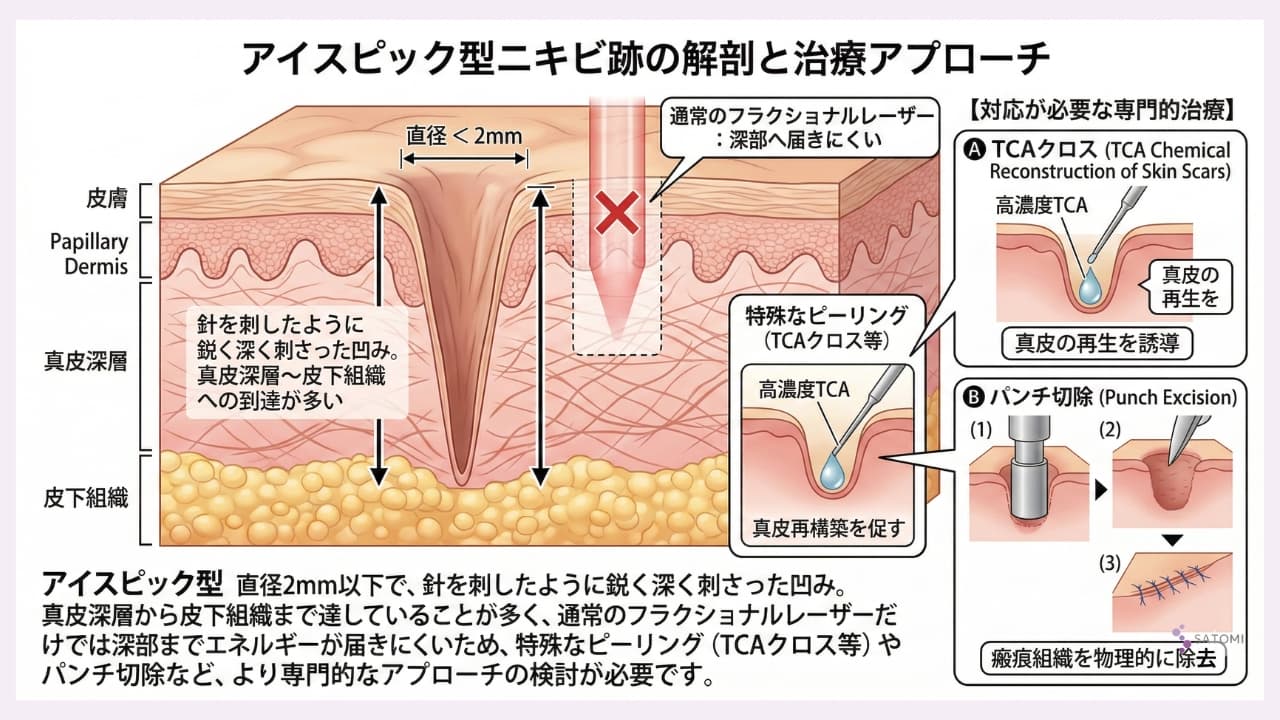 アイスピック型クレーターの皮膚断面構造と真皮深層への医学的アプローチ