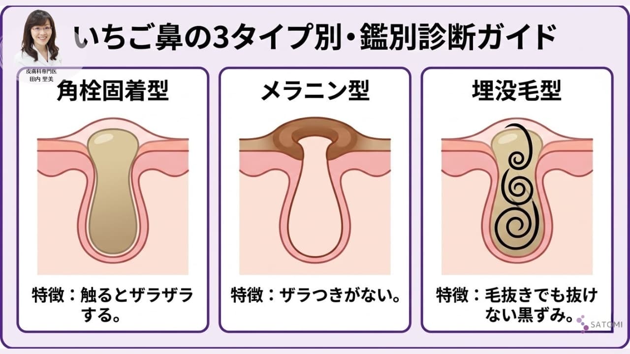いちご鼻の3タイプ（角栓固着型・メラニン型・埋没毛型）の発生機序とセルフ鑑別診断チェック表｜皮膚科専門医監修レポート