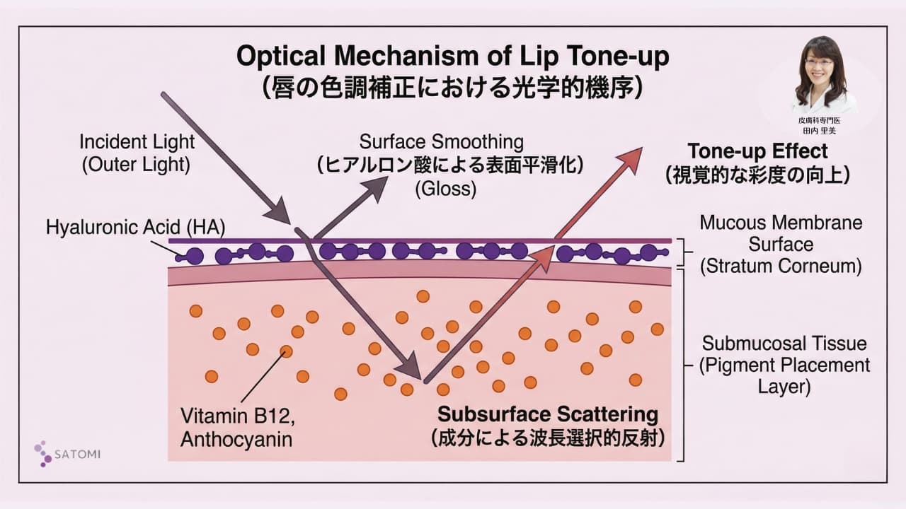 唇の粘膜下における光の透過・反射制御(サブサーフェス・スキャッタリング)の機序図。ヒアルロン酸と色素成分によるトーンアップの物理的プロセス。