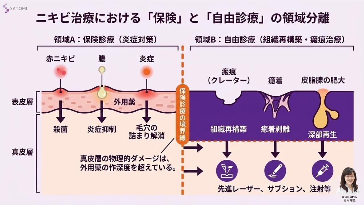 ニキビ治療における保険診療と自由診療の適用範囲の比較：表皮層の炎症抑制（保険）と真皮層の組織再構築（自由診療）の境界線を示す医学的図解