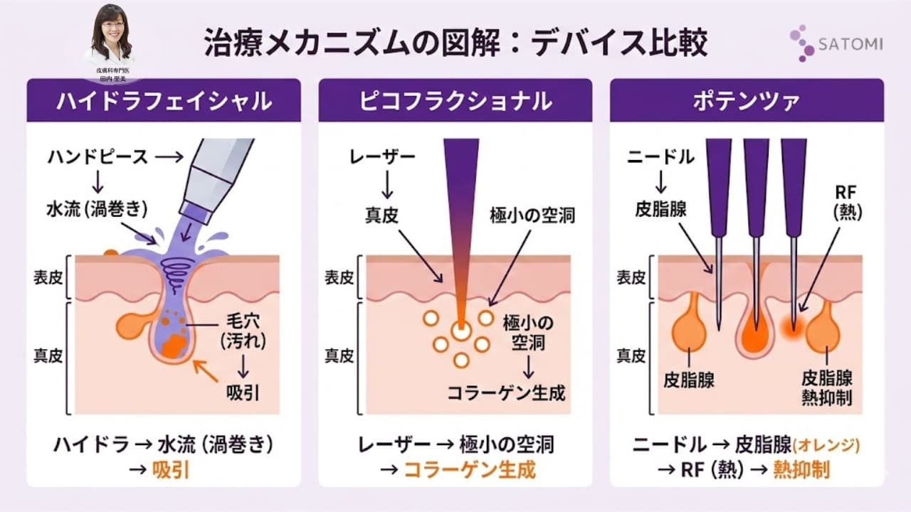名古屋の皮膚科で受けられるいちご鼻治療(ハイドラフェイシャル・ピコフラクショナル・ポテンツァ)の仕組みと作用深度の比較