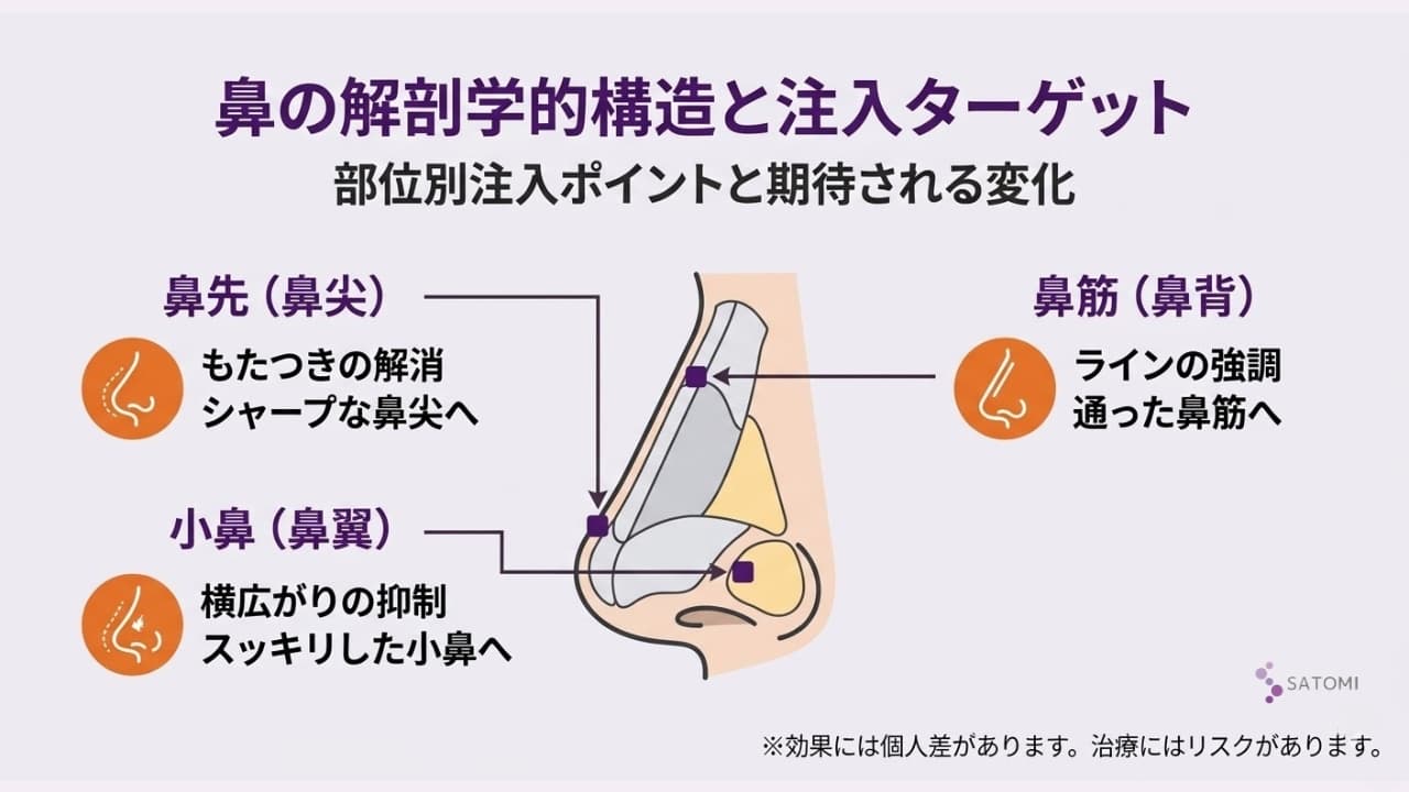 鼻の脂肪溶解注射における部位別の注入ターゲットと期待される変化