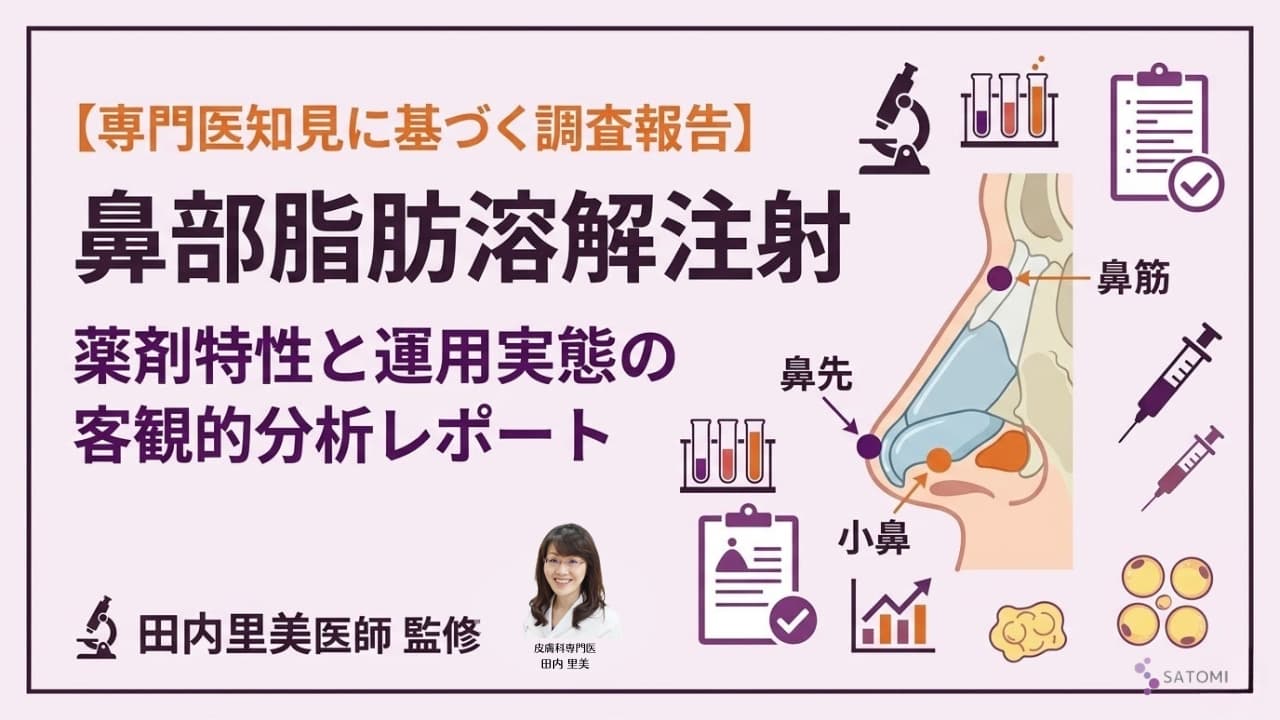 【専門医知見に基づく調査報告】鼻部脂肪溶解注射の薬剤特性と運用実態の客観的分析レポート、田内里美医師監修。Nasal lipolytic injection pharmaceutical properties and actual operation objective analysis report, supervised by Dr. Satomi Tauchi