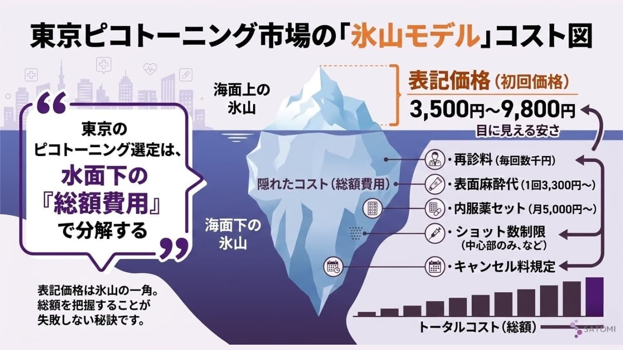 東京のピコトーニング治療における表記価格と隠れたコスト(再診料・麻酔代・内服代)の関係を示した氷山モデル図