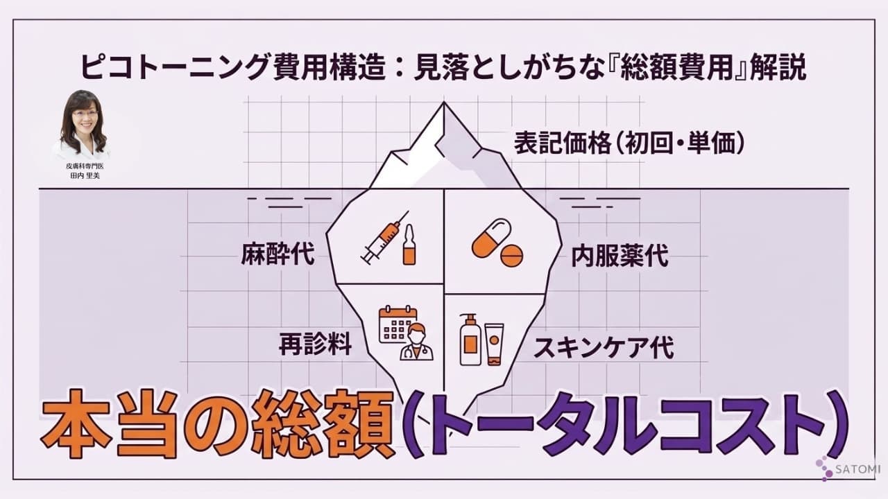 ピコトーニングの初回表記価格と、実際に発生する総額（麻酔・薬代・再診料）の差を解説する氷山モデルの図解