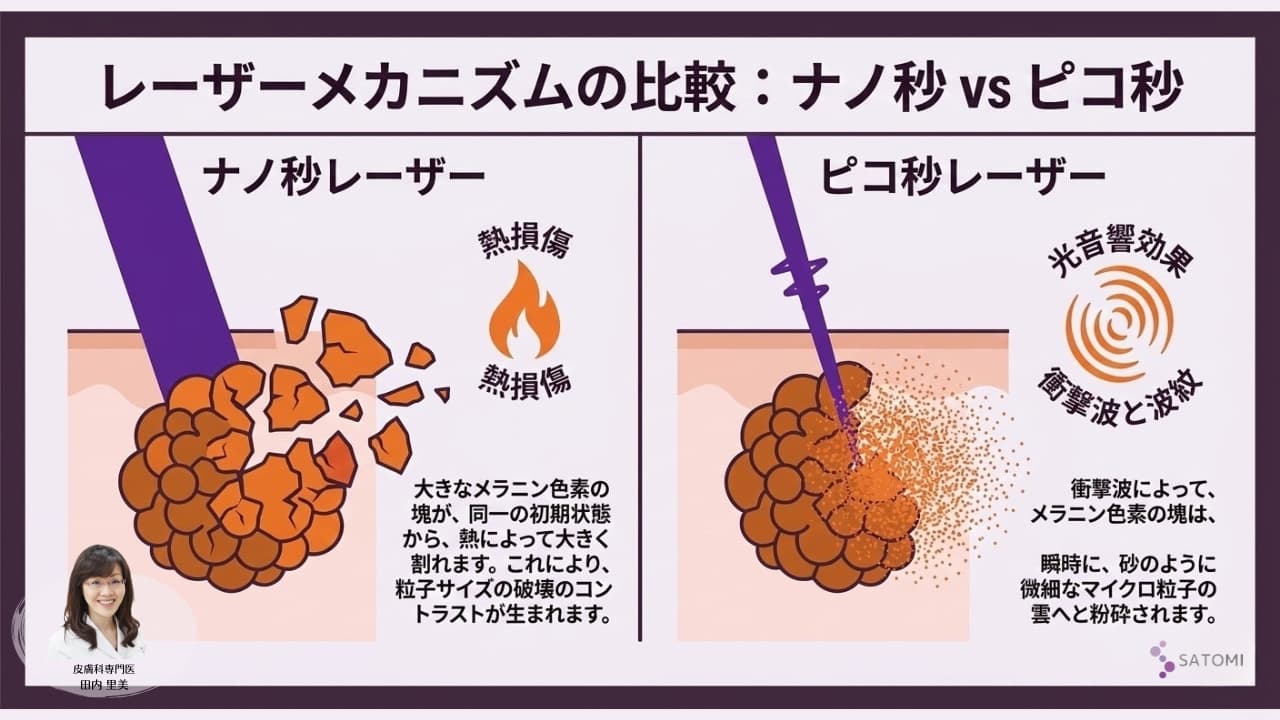 ナノ秒レーザーの熱ダメージ（光熱作用）と、ピコ秒レーザーの衝撃波によるメラニン粉砕（光音響効果）のメカニズム比較図解