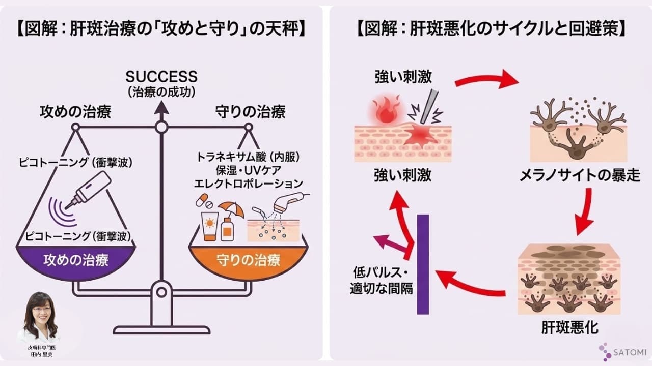 肝斑治療におけるレーザー（攻め）と内服・鎮静（守り）のバランス、および悪化リスクを回避する治療戦略の図解