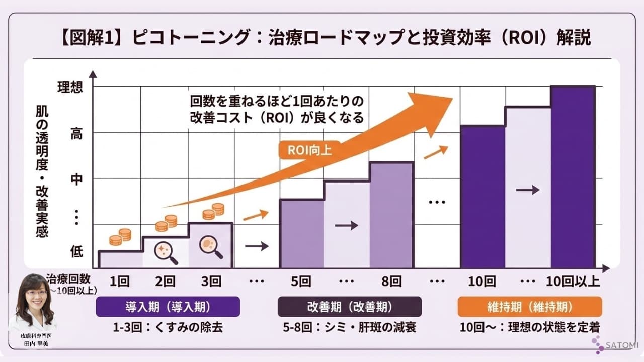 ピコトーニングの回数に応じた肌の改善フェーズ（導入期・改善期・維持期）と投資効率（ROI）を示すロードマップ図解