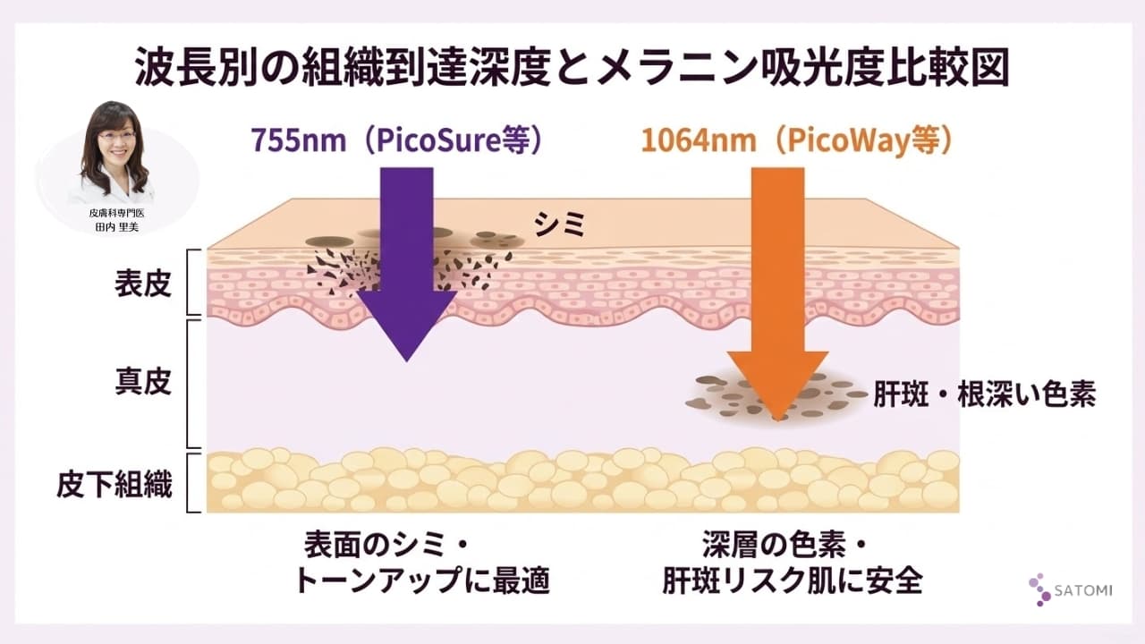 ピコ秒レーザーの波長(755nmと1064nm)によるメラニン吸光度と肌内部への到達深度の違いを比較した解説図