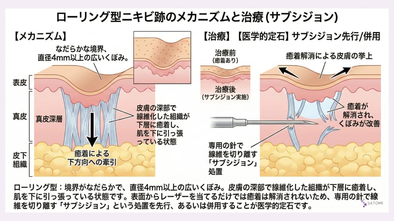 ローリング型クレーターの皮下組織癒着とサブシジョンによる剥離メカニズム解説