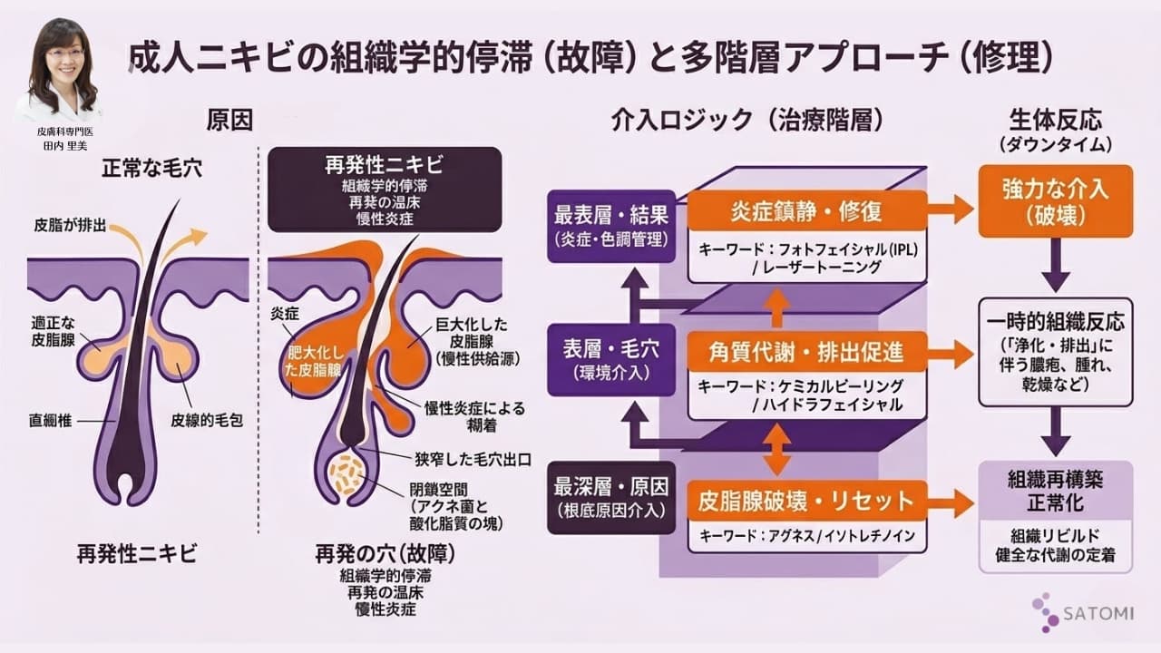 皮膚科医検証｜大人ニキビの組織学的停滞と治療フェーズ別アプローチの因数分解インフォグラフィック。正常毛穴と再発毛穴の構造比較、および原因・環境・結果に介入する治療デバイスの適合判定図解。