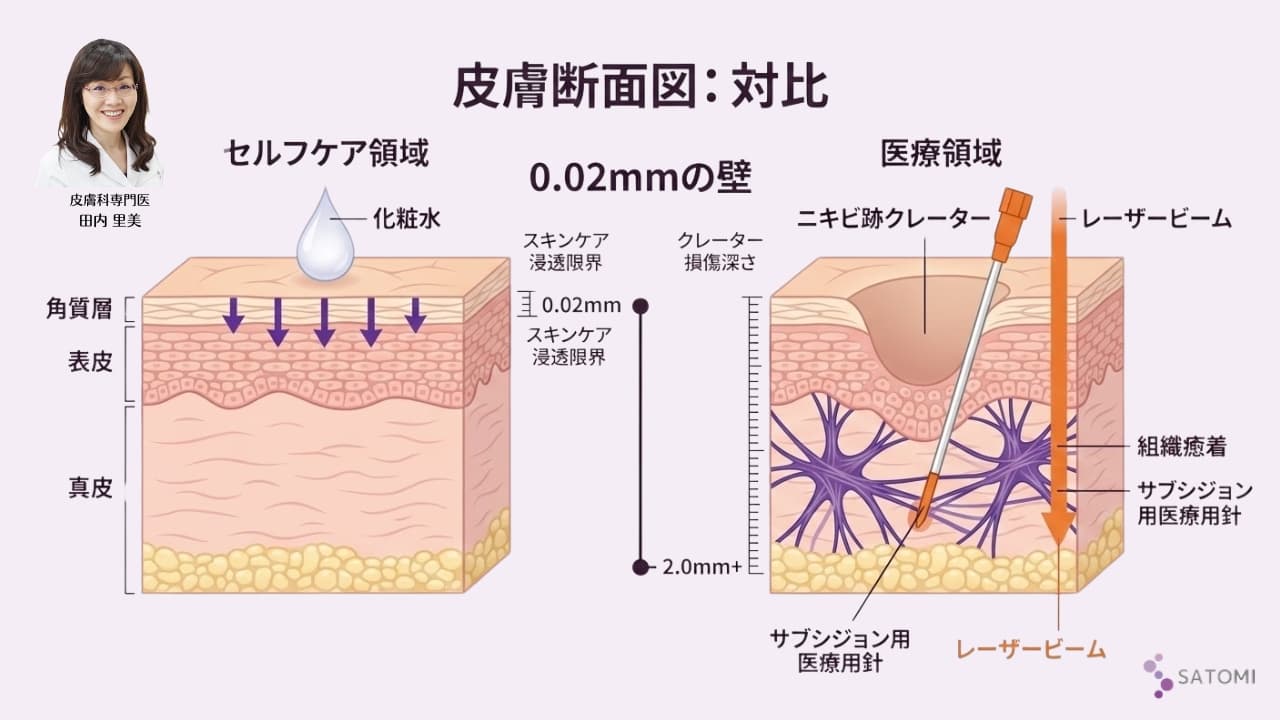 スキンケアの浸透限界（角質層0.02mm）とニキビ跡クレーターの損傷深さ（真皮層2.0mm以上）を対比した医学的根拠の図解
