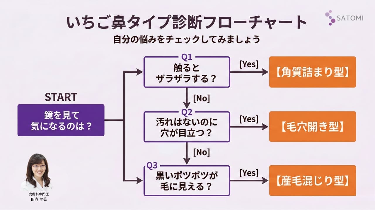 皮膚科専門医監修のいちご鼻タイプ診断フローチャート。角質詰まり・毛穴の開き・産毛の3タイプをセルフチェック