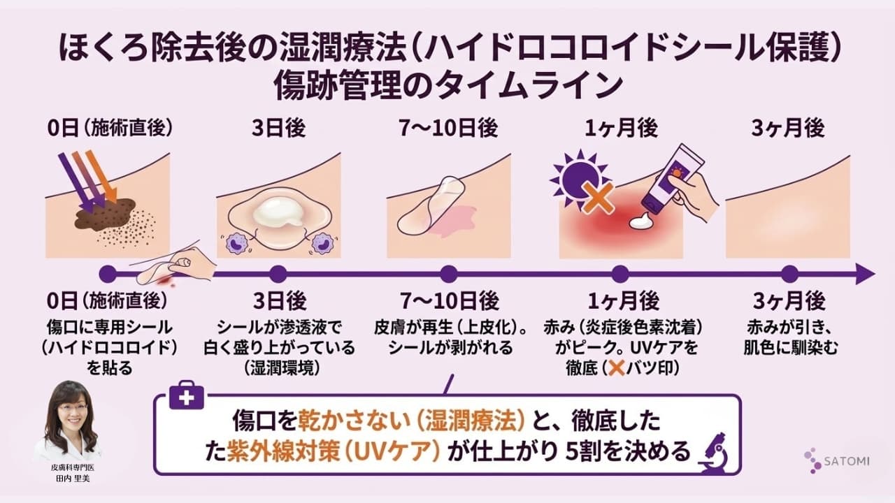 ほくろ除去後の湿潤療法(ハイドロコロイドシール保護)による傷跡管理のタイムライン。施術直後、3日後、7-10日後(上皮化)、1ヶ月後、3ヶ月後(UVケア継続)の経過と医学的なケアの正解。