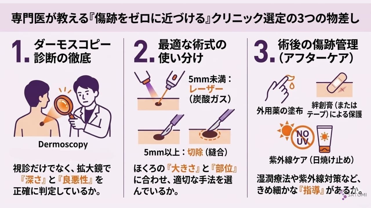 皮膚科専門医が監修した、傷跡を残さないためのほくろ除去クリニック選定における3つの実務的指標(精密診断・術式使い分け・湿潤療法指導)を解説したインフォグラフィック。