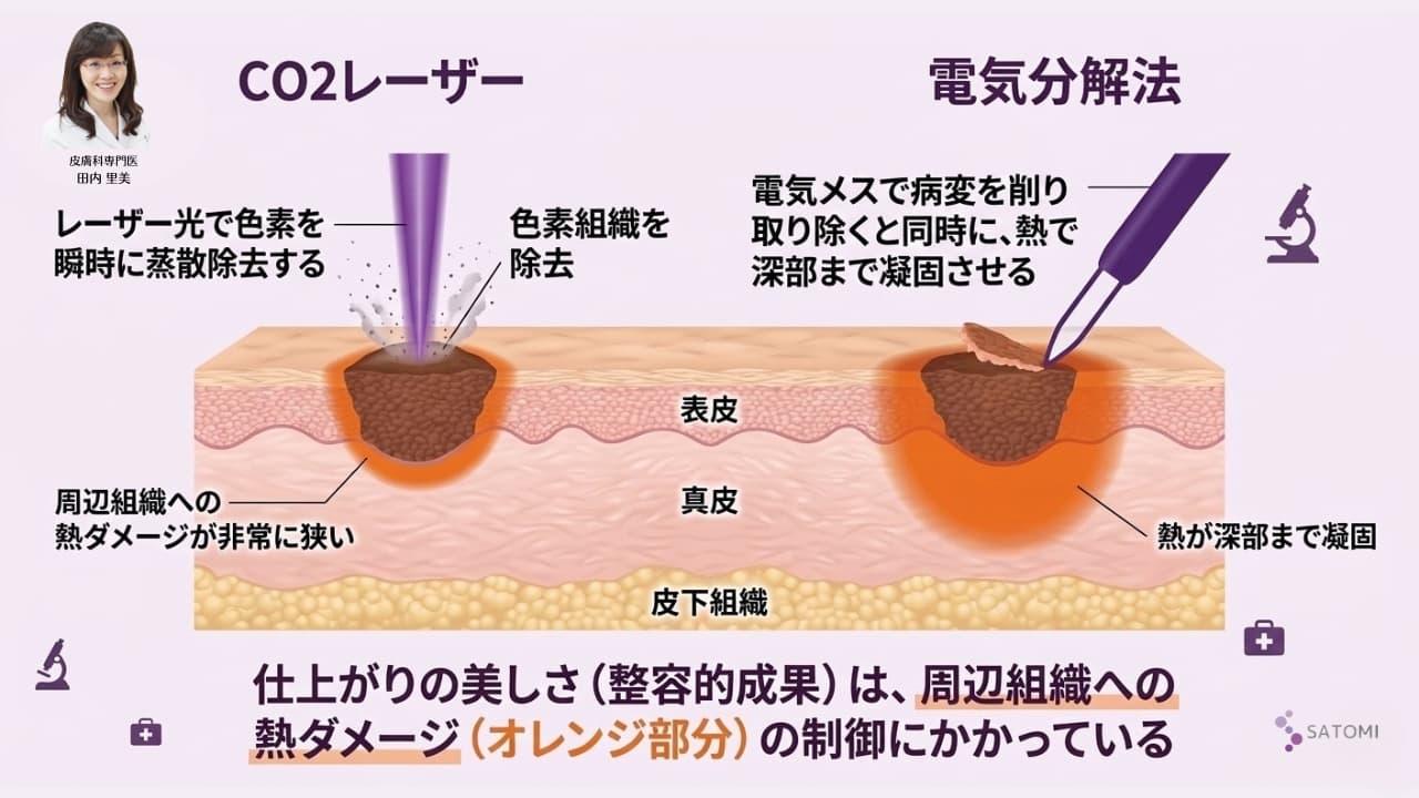 ほくろ除去における炭酸ガス(CO2)レーザーと電気分解法(電気メス)の物理的機序の違いを解説した図。皮膚断面図にレーザーによる組織蒸散と、電気による熱凝固作用の範囲を示し、周辺組織へのダメージ制御を視覚化。