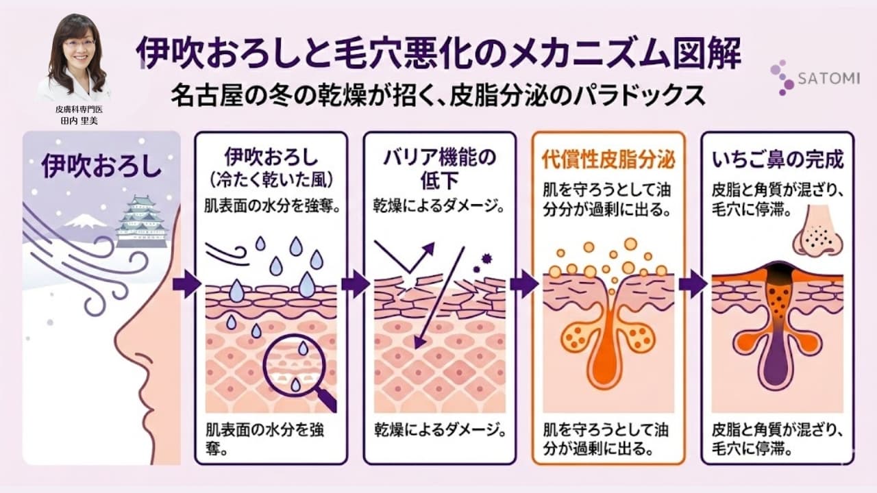伊吹おろしと毛穴悪化のメカニズム図解