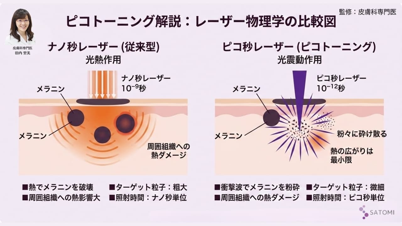 物理的機序の解析：ナノ秒（光熱作用）とピコ秒（光震動）の非対称性