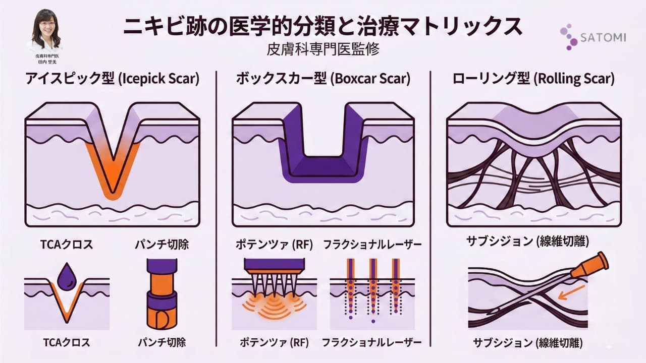 ニキビ跡クレーターの形状別分類と医学的治療アプローチの比較表