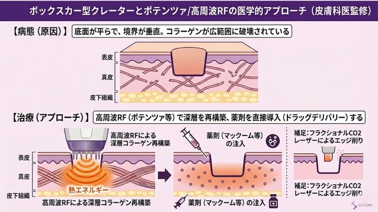 ボックスカー型クレーターの垂直陥没構造とポテンツァ・レーザー治療の原理図