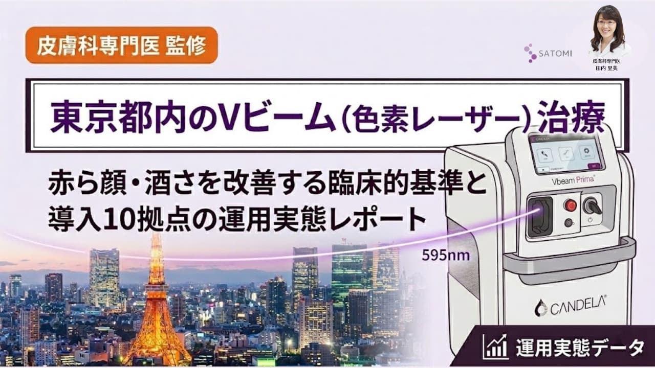 東京都内のVビーム(色素レーザー)導入10拠点の運用実態を網羅した、皮膚科専門医監修の臨床レポート。赤ら顔・酒さ・毛細血管拡張症の治療基準を解説するアイキャッチ画像