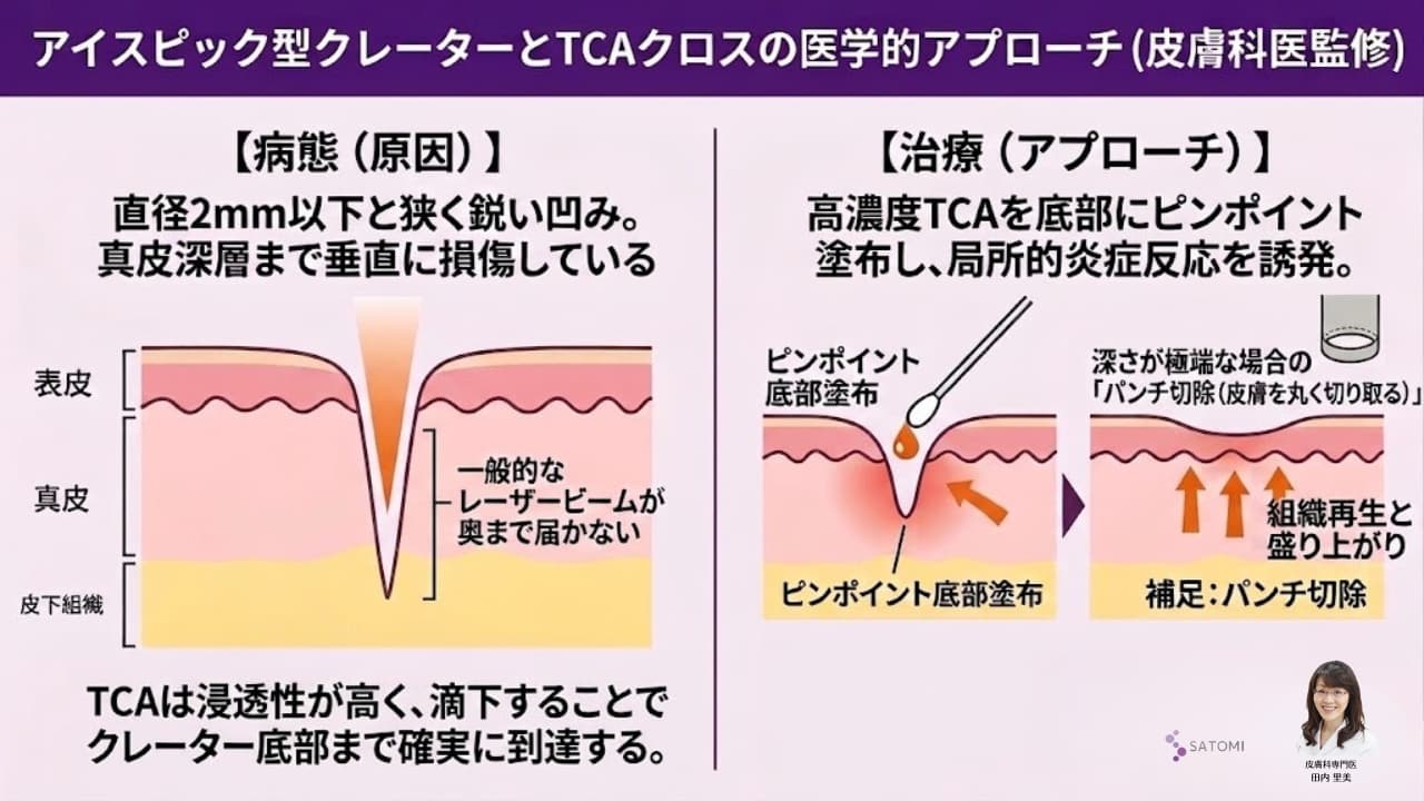 アイスピック型クレーターの皮膚断面構造と真皮深層への医学的アプローチ