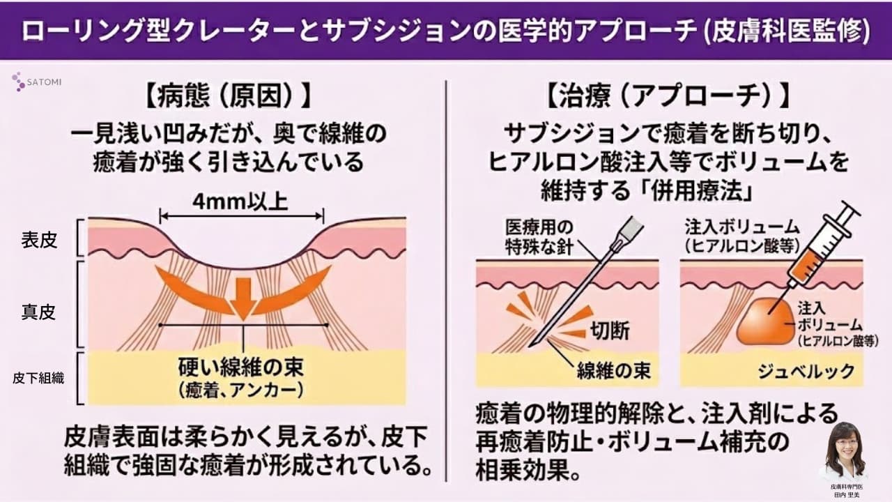ローリング型クレーターの皮下組織癒着とサブシジョンによる剥離メカニズム解説