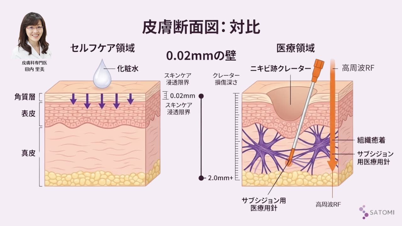 スキンケアの浸透限界（角質層0.02mm）とニキビ跡クレーターの損傷深さ（真皮層2.0mm以上）を対比した医学的根拠の図解