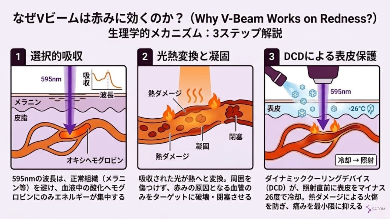 Vビーム(波長595nm)による毛細血管病変の治療機序。酸化ヘモグロビンへの選択的光熱融解プロセスと、DCD(ダイナミッククーリングデバイス)による表皮保護システムを解説した医学的インフォグラフィック