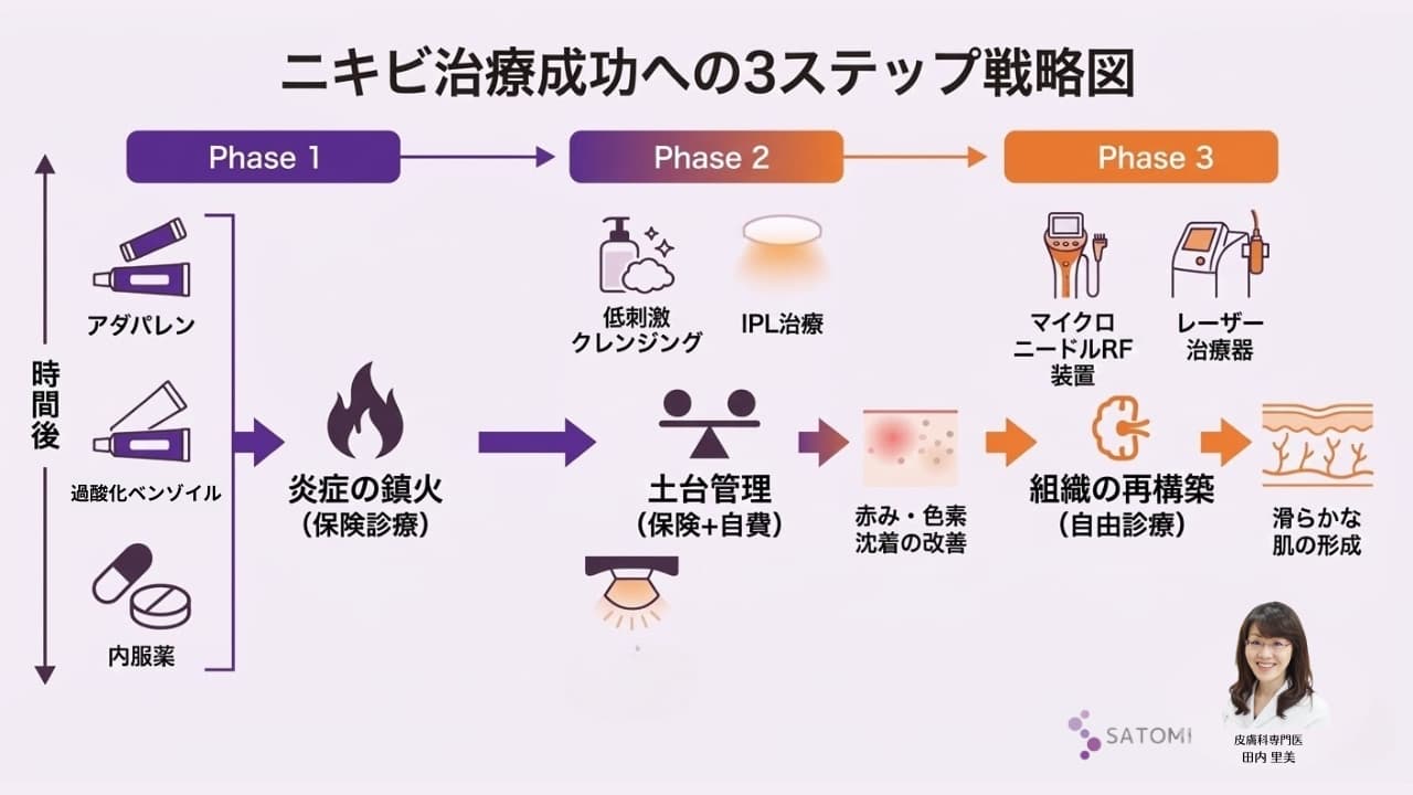 ニキビ治療の医学的工程：標準治療（保険診療）の基盤と高度医療機器による補完