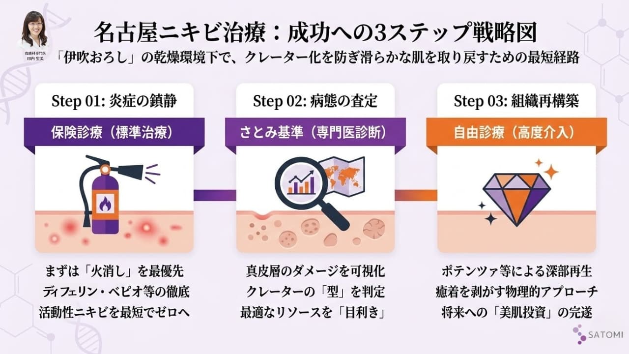 名古屋ニキビ治療成功への3ステップ戦略図